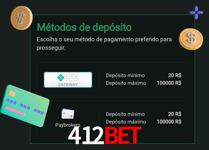 O cassino 412Bet oferece uma grande variedade de métodos de pagamento